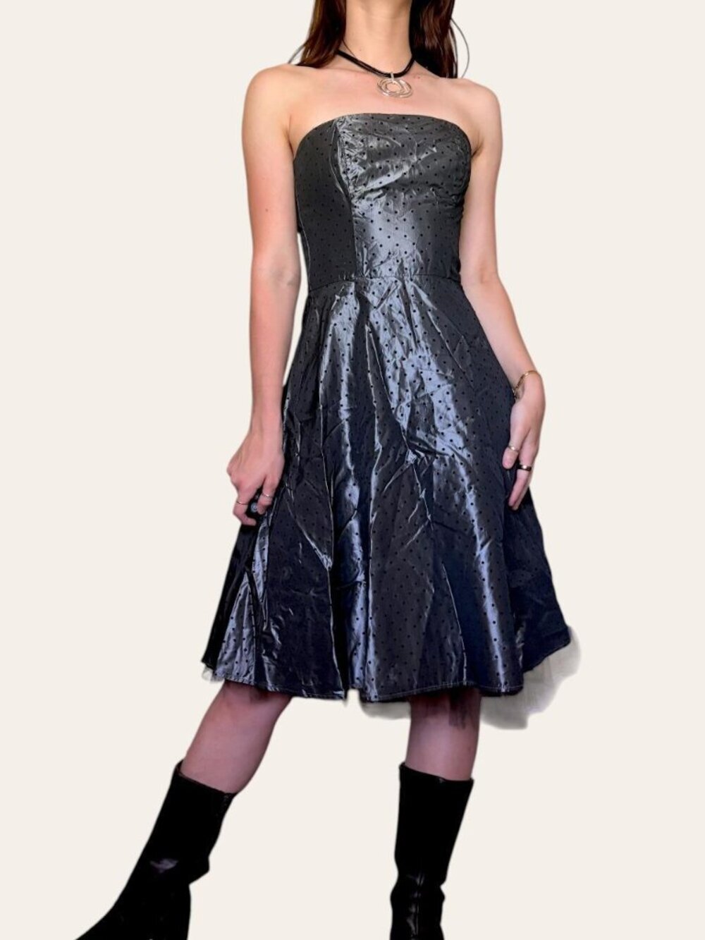 90s Rampage vintage strapless grunge silver black polka dot metallic party dress - Picture 6 of 7